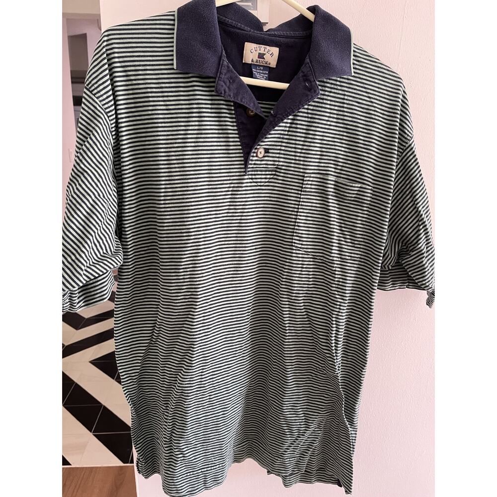 Cutter Buck Mens L Polo Shirt Golf Casual Short Sleeves Blue Green Stripes
